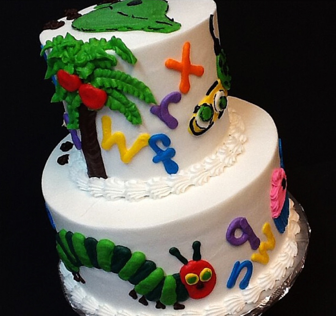 Very Hungry Caterpillar tiered baby-shower cake
