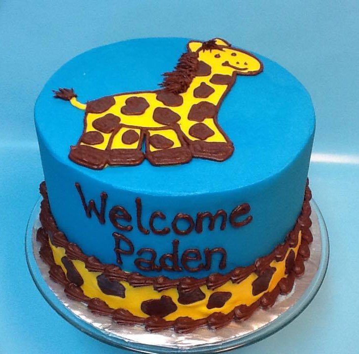 Giraffe welcome-baby cake reading Welcome Paden