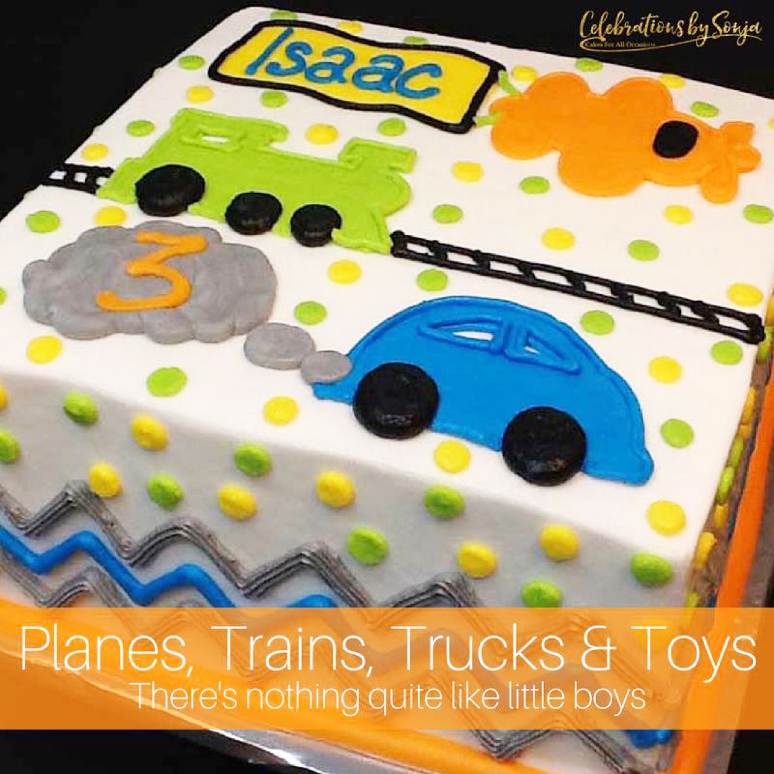 Planes, trains, and trucks birthday cake