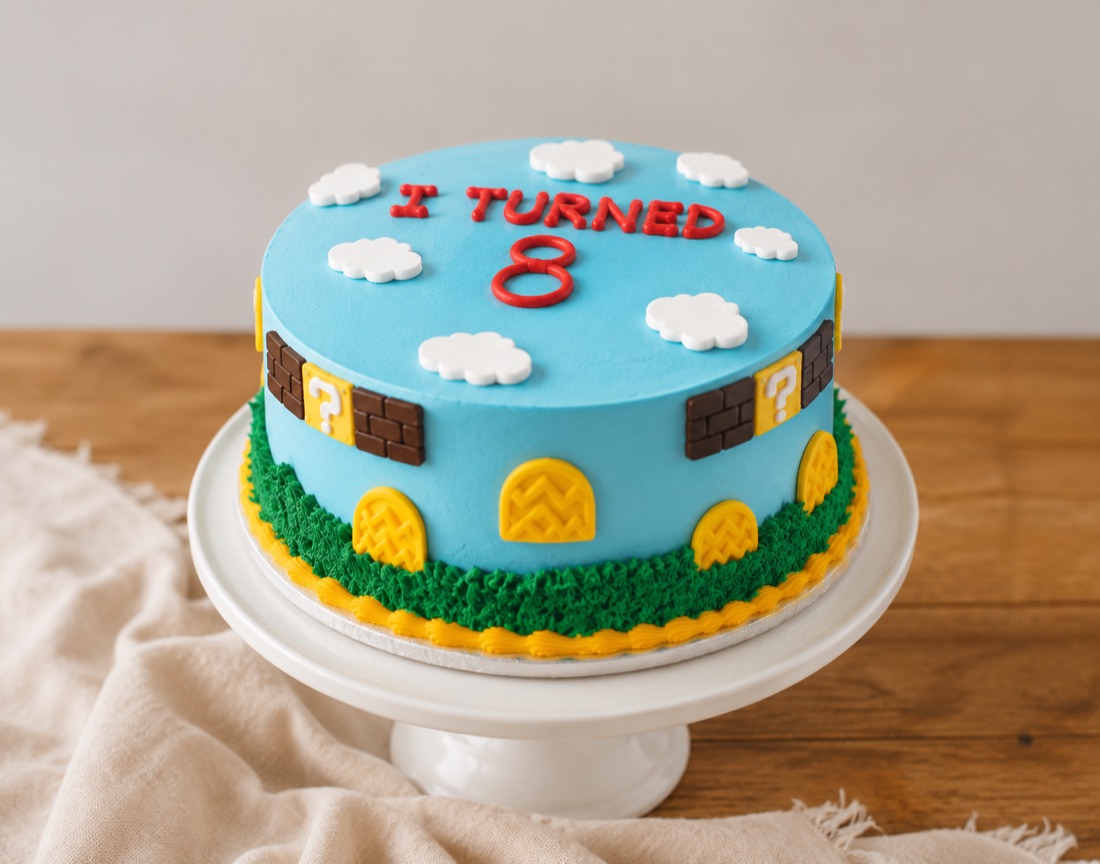 Super Mario themed I-turned-8 birthday cake